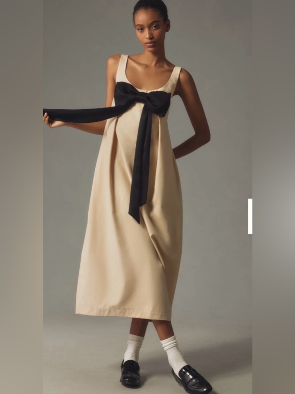 NWT Anthropologie Maeve Bow Barrel Column Midi Dress Beige Black Accent S
